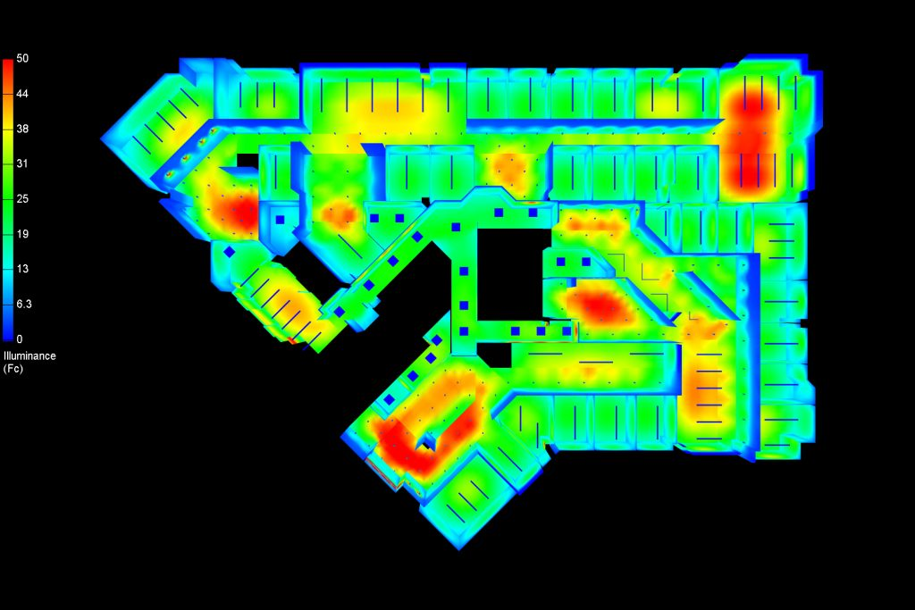 3D pseudo color plan view of a level in an office building (Created in AGi32).