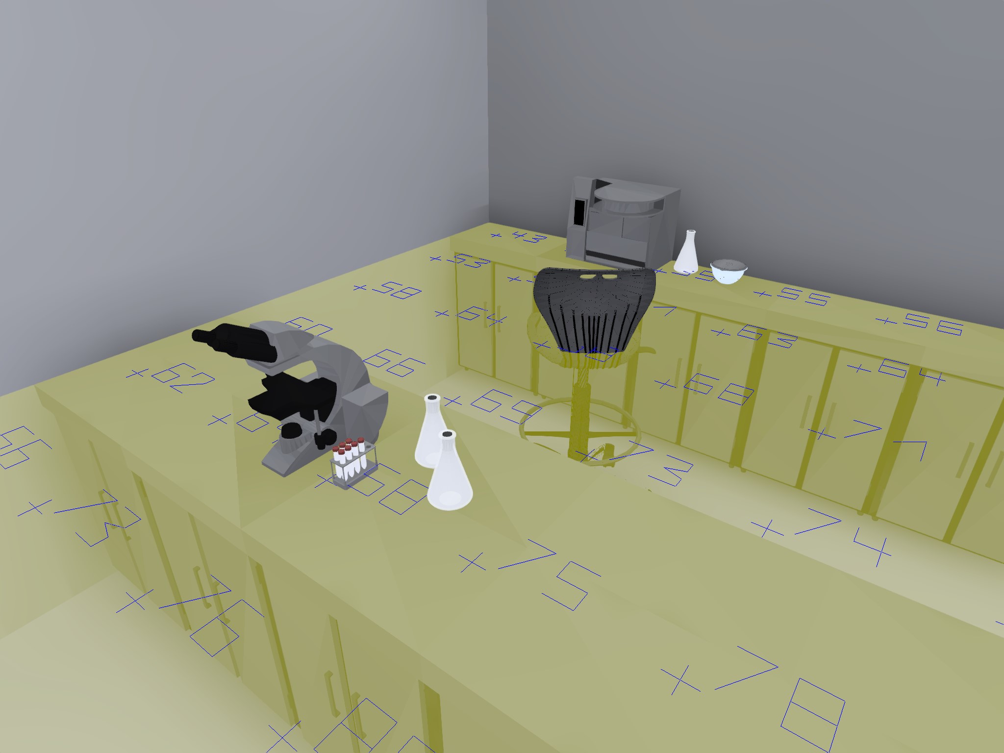 Workplane lighting calculations in a laboratory. Modeled using DIALux evo.