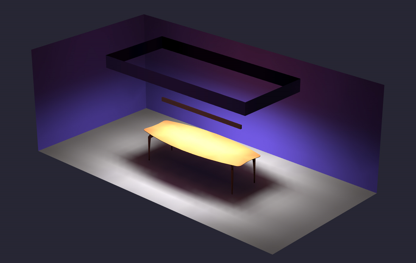 A conference room rendered in AGi32. The table draws attention to it by maintaining an illuminance ratio of at least 4:1 with the surrounding area.